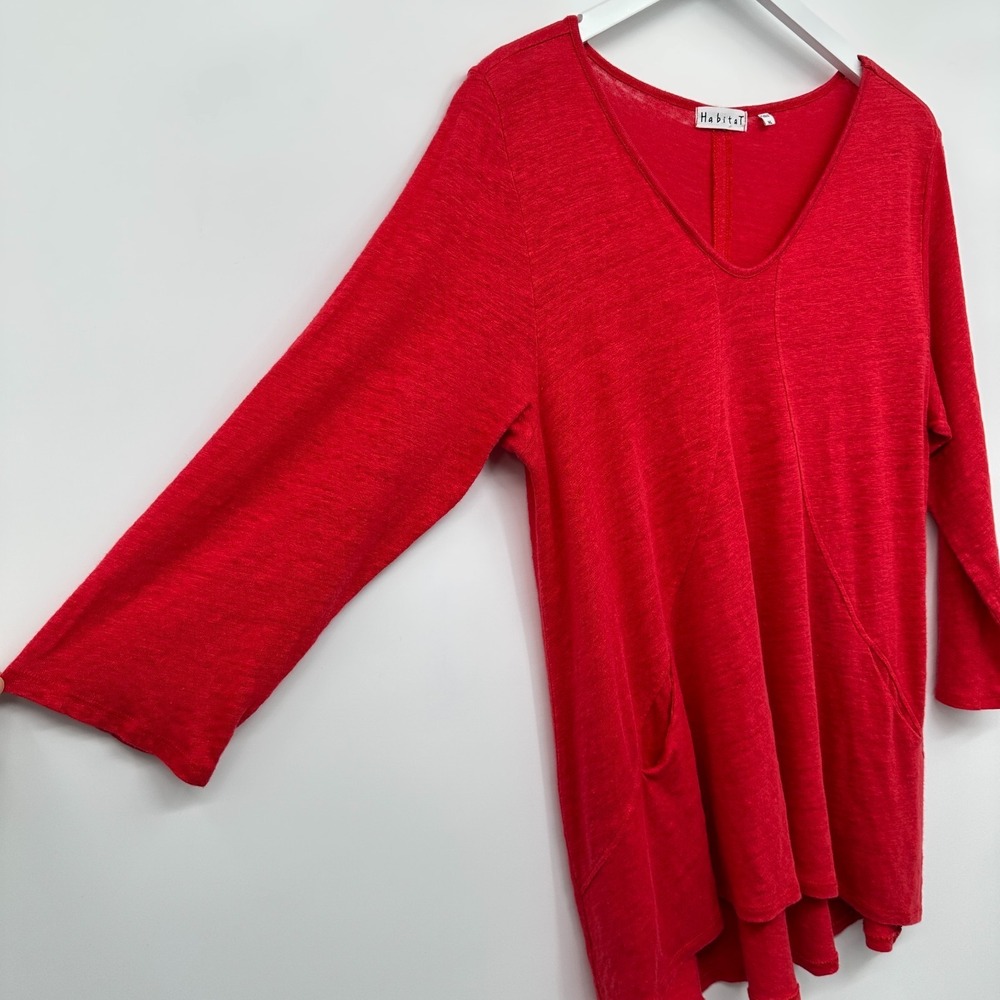 Habitat Top Shirt Blouse Size XL Red 100% Linen Stretch Pockets 3/4 Sleeves Boho - Picture 2 of 12